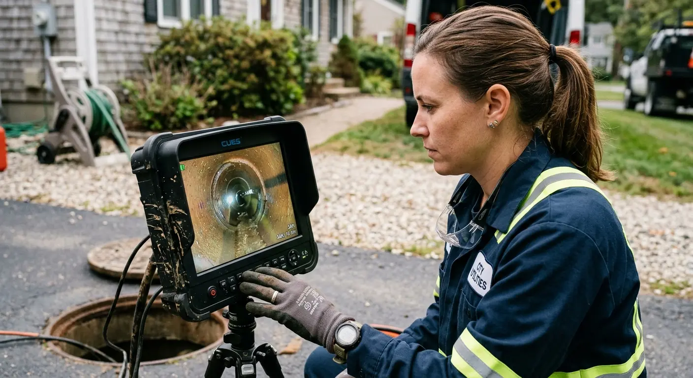 Technician reviewing sewer camera inspection footage in Irvington