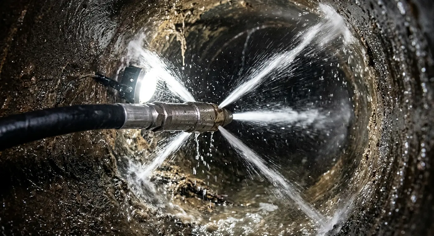 High-pressure hydro jetting nozzle cleaning sewer pipe for Storm Drain Cleaning in Irvington